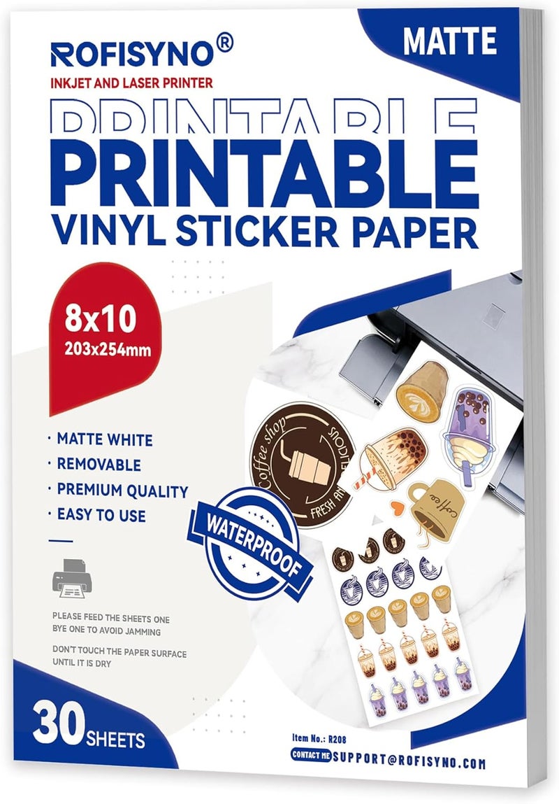 ROFISYNO 8.5x11 Printable Vinyl Sticker Paper Waterproof, Removable Self Adhesive Vinyl Sticker Sheets for Inkjet and Laser printer, 30 Pack, Letter Size, Matte White - Image 1